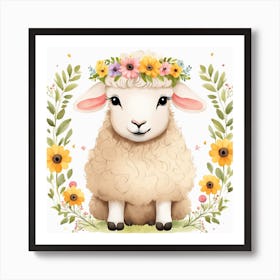 Floral Baby Sheep Nursery Illustration (24) Art Print