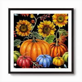 Autumn harvest of pumpkins, berries and sunflowers Colorful pumpkins and pumpkin harvest 4 Art Print