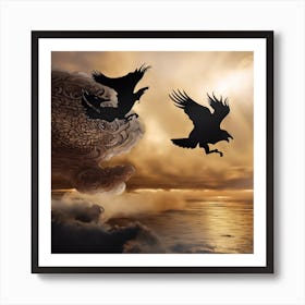 MONSTER FISH CHASE SPIRIT BIRDS Art Print