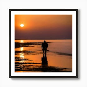 Silhouette Of Man Walking On Beach At Sunset Art Print