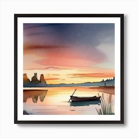 Watercolor Boat At Sunset Art Print