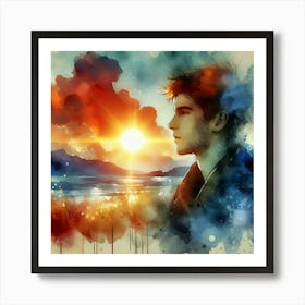 Young Man Looking At The Sunset Art Print