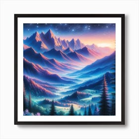 Whimsical Pastel Mountain Valley Landscape Twilight Art Print