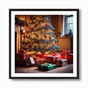 Christmas Presents Under Christmas Tree At Home Next To Fireplace Haze Ultra Detailed Film Photog (3) Art Print