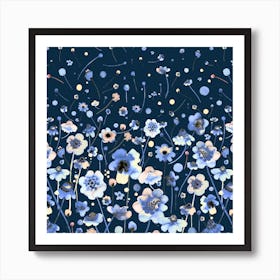 Ink Soft Flowers Navy Degrade Square Art Print