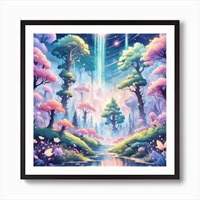 A Fantasy Forest With Twinkling Stars In Pastel Tone Square Composition 137 Art Print
