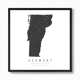Vermont Mono Black And White Modern Minimal Street Map Square Art Print