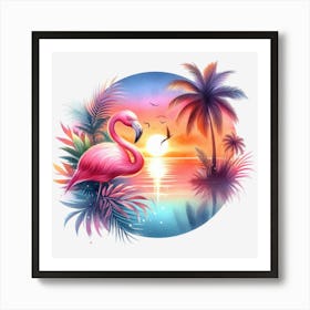 Pink Flamingo At Sunset Art Print