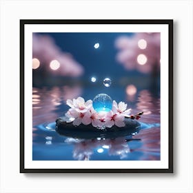 Mystical Water Droplets and Reflections of Cherry Blossom Art Print