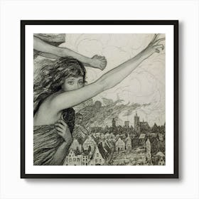 Woman With Outstretched Gesture And Other Spirits Over Townscape (1917) By Wladyslaw Theodore Benda Art Print