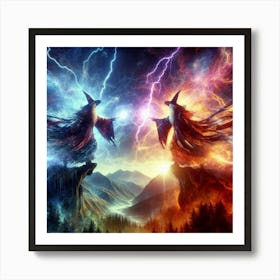 Two Wizards Fighting In The Sky paintings art print Art Print