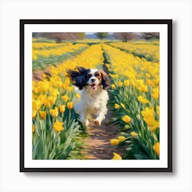 King Charles Spaniel in a field of Daffodils Art Print