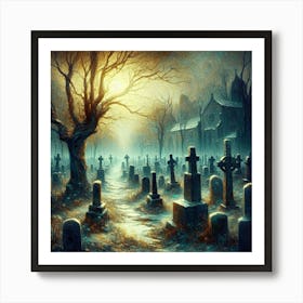 Van Gogh Madness: Liminal Beauty in an Untended Cemetery - Surreal Oil Painting with RHADS, Light Reflections, and Ultra HD Details in Unreal Engine. Trending on Artstation for Masterful Surrealism, Atmospheric Depth, and Iridescent Glowing Effects. Art Print