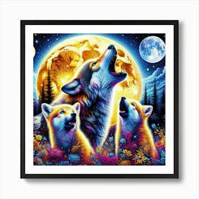 Howling Wolf Family in Moon Art Print