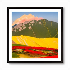 A Large Yellow Mountain With Red Flowers Arranged Below It And A Wide Blue Sky In The Background (1) Art Print