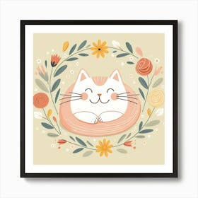Cute Cat In Floral Wreath Art Print