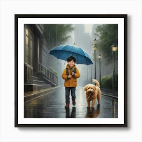 Leonardo Vision Xl A Kid Walking His Dog In The Rainy Day Hold 3 Art Print