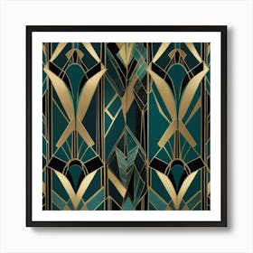 A stylish Art Deco pattern featuring bold geometric shapes, metallic accents, and a luxurious color scheme of gold, black, and deep teal. The design is elegant, symmetrical, and eye-catching 3 Art Print