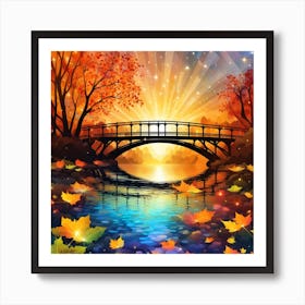 Color Illustration Showing A Autumn Sunrise Scenery With A Arch Bridge Over A River And Lush Trees And Leafs And A Abstract Crystal Sky With Stars Art Print