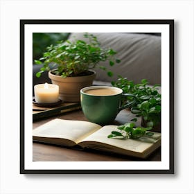 Book And Plants On A Table Art Print