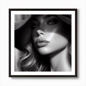 The Girl In The Hat 2/4 (beautiful female lady model black and white portrait close up face) Art Print