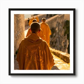 Monks Walking Down A Stone Path Art Print