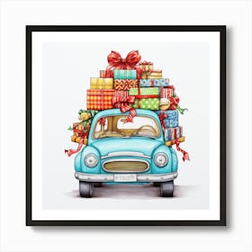 Blue Car With Presents Art Print