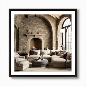 Living Room With Stone Fireplace Art Print