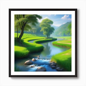 River In A Green Field Art Print