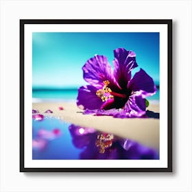 Blue Sea on the Beach with Purple Hibiscus Flower 1 Art Print