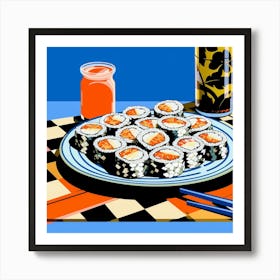 Sushi Blue Checkerboard Pop Art 2 Art Print