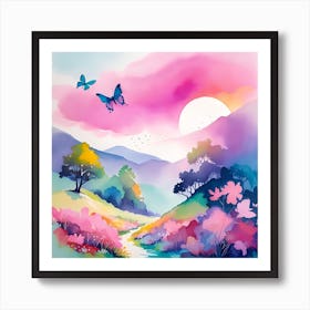 Sunset With Butterflies Art Print