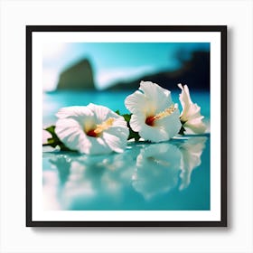 A Turquoise Blue Sea with White Hibiscus Flowers 1 Art Print