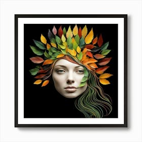 Autumn Leaves On A Woman'S Head Art Print