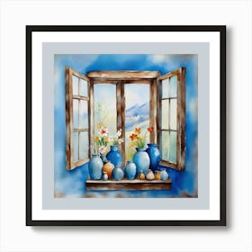 Blue wall. Open window. From inside an old-style room. Silver in the middle. There are several small pottery jars next to the window. There are flowers in the jars Spring oil colors. Wall painting.3 Art Print