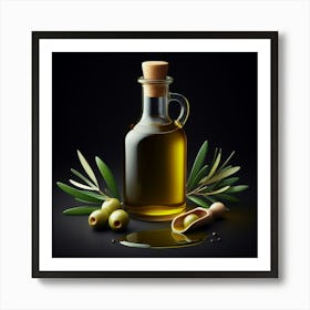 Olive Oil Bottle On Black Background Art Print