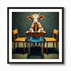 Cow At Table Art Print