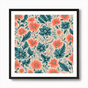 floral pattern Dusty Teal, muted Coral, 216 Art Print