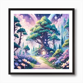 A Fantasy Forest With Twinkling Stars In Pastel Tone Square Composition 226 Art Print