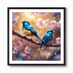 Bluebirds and Falling Cherry Blossom Petals Art Print