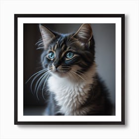 Gray Tabby Cat Print Blue Art Print