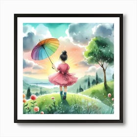 Little Girl With Rainbow Umbrella 1 Art Print