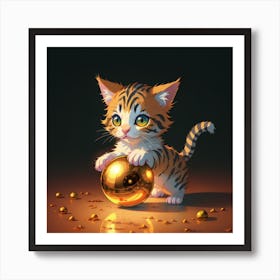 A little kitten playing with a golden ball Art Print