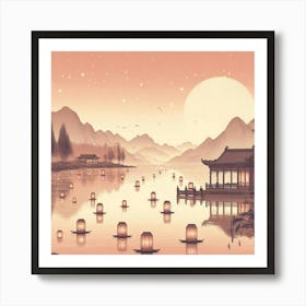 Chinese Lanterns On The Lake Art Print