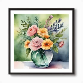 Watercolor Flowers In A Vase 1 Art Print