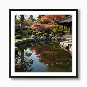 A Peaceful Japanese Garden With A Koi Pond, Stone Lanterns, And Blossoming Cherry Trees 2 Art Print