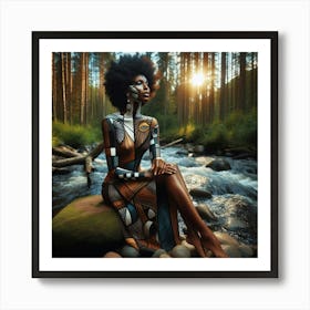 Afro-American Woman Sitting On Rocks Art Print