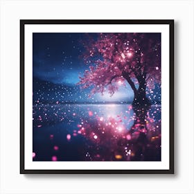 Moonlight Reflections, Pink Cherry Blossom on the Lake Art Print
