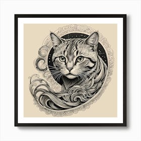 A Spiral Cat, Black and Beige Art Print