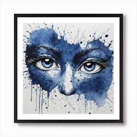 Blue Eyes, woman face, ink, watercolour Art Print